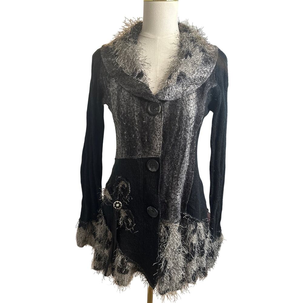 Sloni Unique Textured Y2K Fringe Cardigan – Small – Black & Metallic Gold Trim